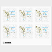 Blue Champagne Cheers & Gold Hearts Chic Wedding Vierkante Sticker (Vel)