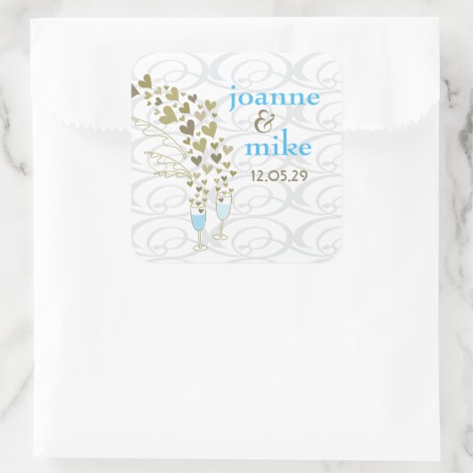 Blue Champagne Cheers & Gold Hearts Chic Wedding Vierkante Sticker (Tas)