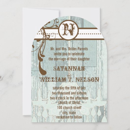 Blue Chandelier Barn Wood Wedding Invitations Kaart (Achterkant)