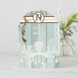 Blue Chandelier Barn Wood Wedding Invitations Kaart
