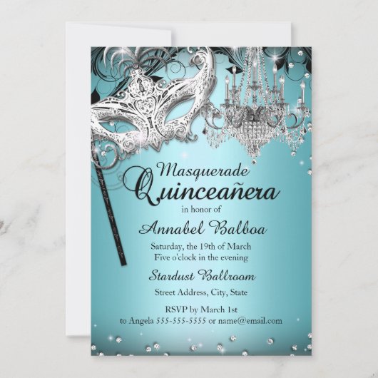 Blue Chandelier Masquerade Quinceanera Invite Kaart (Voorkant)