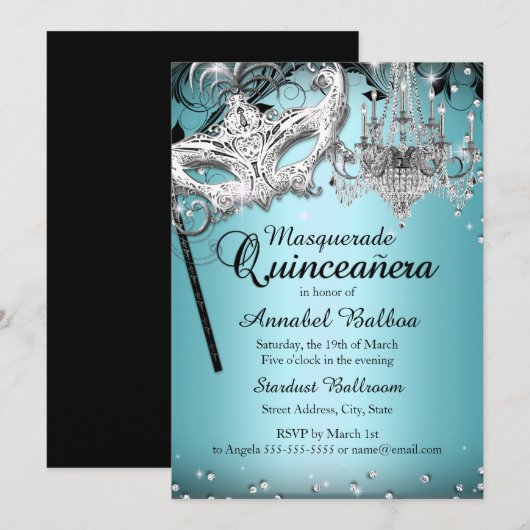 Blue Chandelier Masquerade Quinceanera Invite Kaart (Voorkant / Achterkant)