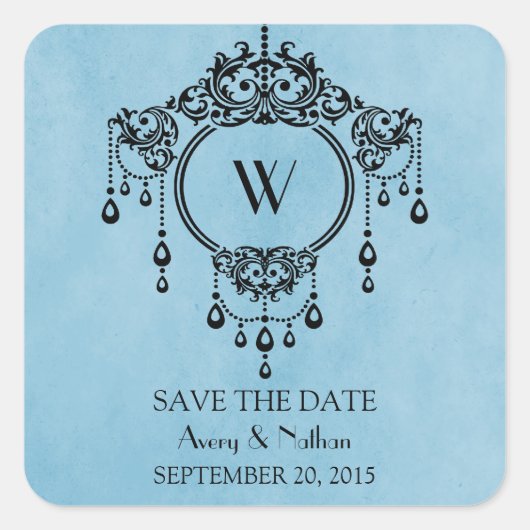 Blue Chandelier Save the Date Stickers (Voorkant)