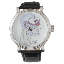 blue character smiling with coat horloge