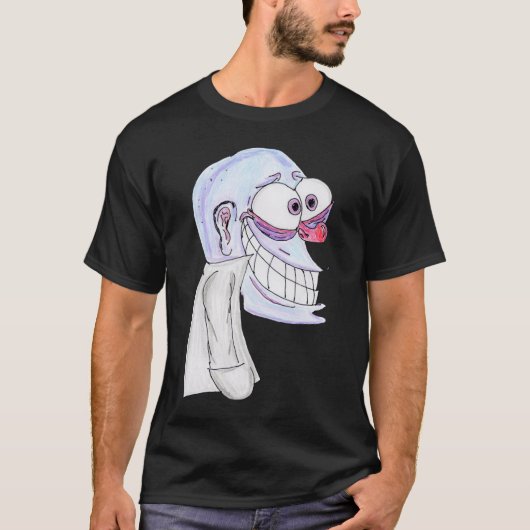 blue character smiling with coat t-shirt (Voorkant)