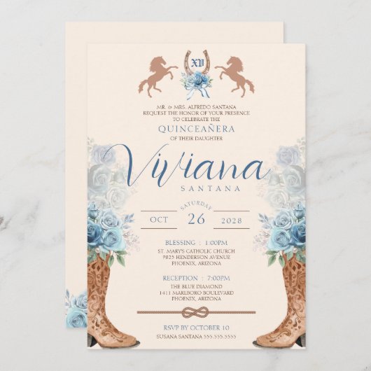 Blue Charro Westerne Rozen Quinceanera Kaart (Voorkant / Achterkant)