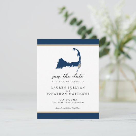 Blue Chatham Cape Cod Map Wedding Save the Date (Staand voorkant)