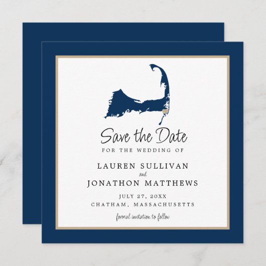 Blue Chatham Cape Cod Map Wedding Save the Date (Voorkant / Achterkant)