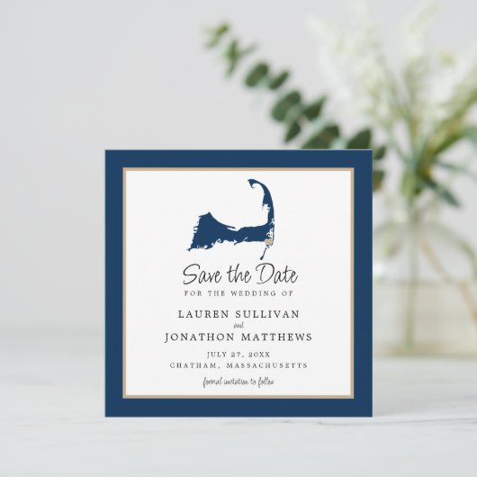 Blue Chatham Cape Cod Map Wedding Save the Date (Staand voorkant)