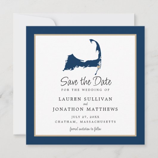 Blue Chatham Cape Cod Map Wedding Save the Date (Voorkant)