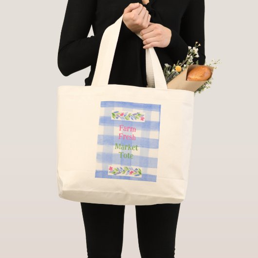 Blue Check Gingham Flowers FARM FRESH Grote Tote Bag (Voorkant (product))