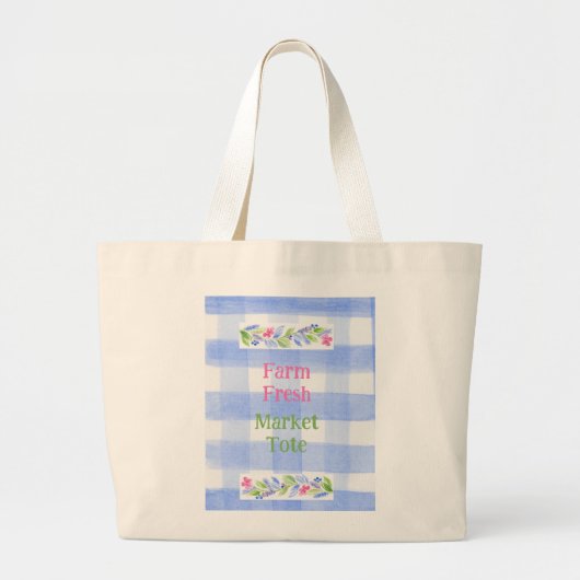 Blue Check Gingham Flowers FARM FRESH Grote Tote Bag (Voorkant)