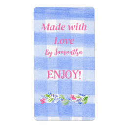 Blue Check Gingham Flowers MADE WITH LOVE  Etiket