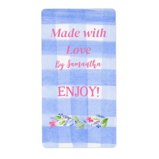 Blue Check Gingham Flowers MADE WITH LOVE  Etiket (Voorkant)