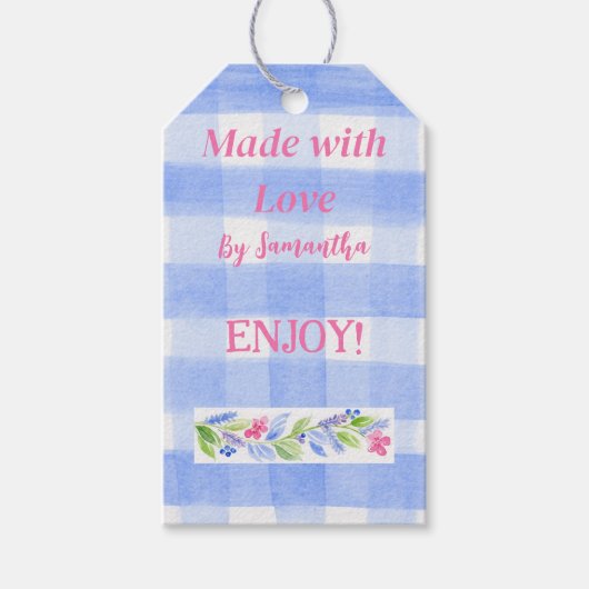 Blue Check Gingham Flowers MADE WITH LOVE log Cadeaulabel (Voorkant)