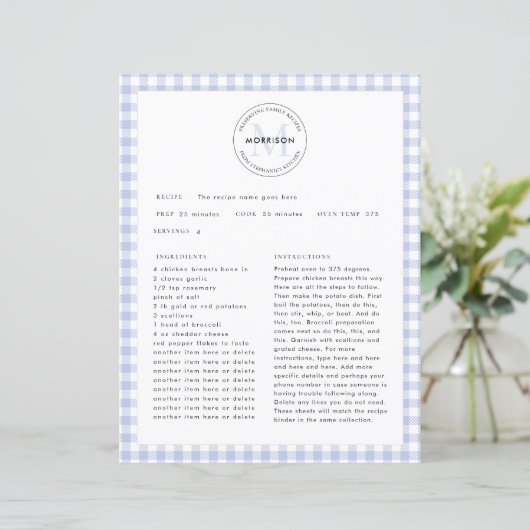Blue Check Gingham Monogram Familie Receptenblad (Staand voorkant)