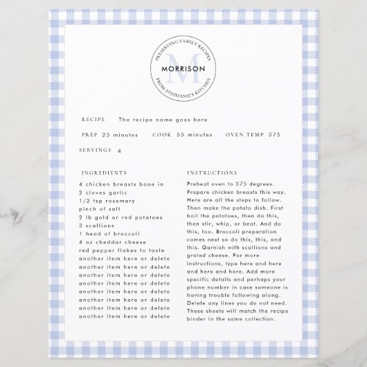Blue Check Gingham Monogram Familie Receptenblad (Voorkant)
