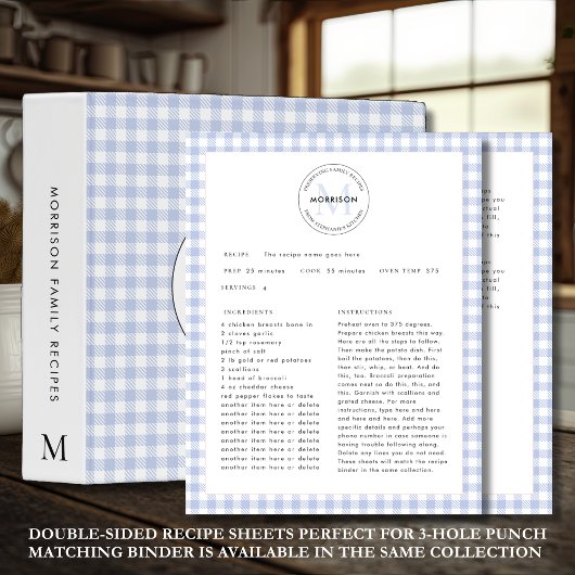 Blue Check Gingham Monogram Familie Receptenblad