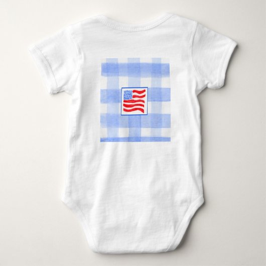 Blue Check Gingham USA Flag WELCOME Baby Clothing Romper (Achterkant)