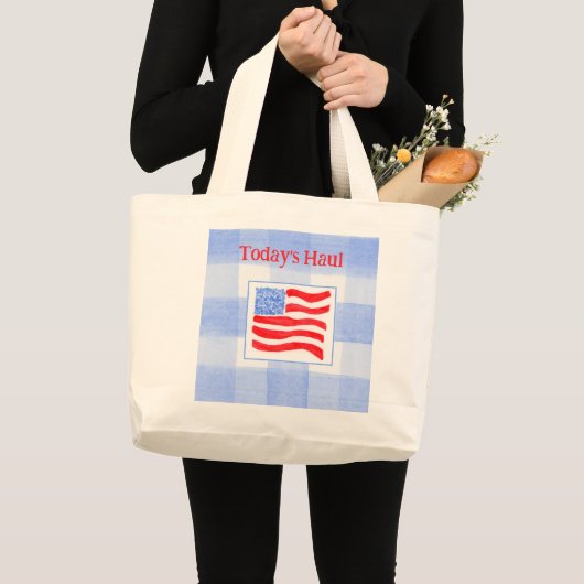 Blue Check Watercolor USA Flag  Grote Tote Bag (Voorkant (product))