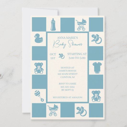 Blue Checked Baby shower Uitnodiging (Voorkant)