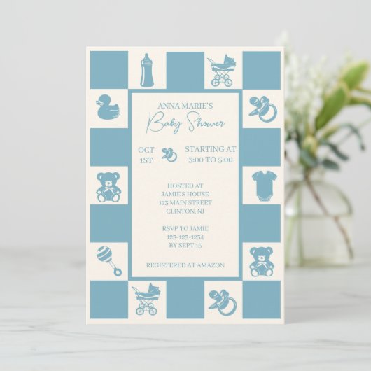 Blue Checked Baby shower Uitnodiging (Staand voorkant)