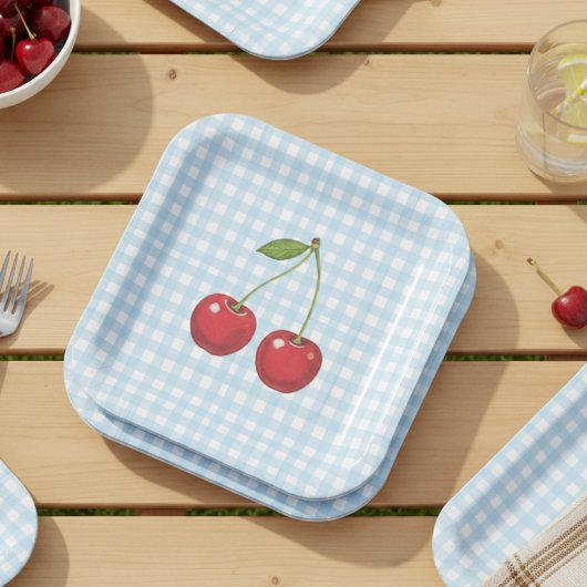 Blue Checked Paper Plates with Cherries for Summer Papieren Bordje