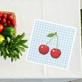 Blue Checked Paper Plates with Cherries for Summer Servet