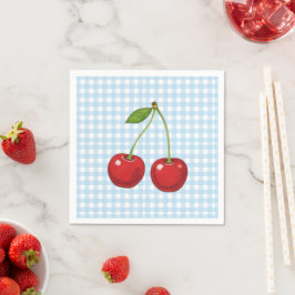 Blue Checked Paper Plates with Cherries for Summer Servet