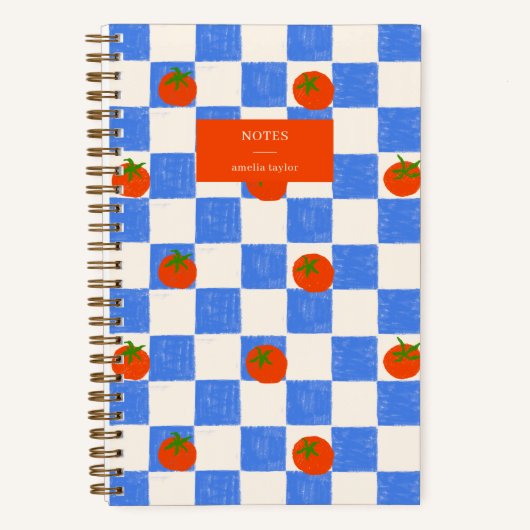 Blue Checker Tomato Pattern Personalized Name Notitieboek (Voorkant)
