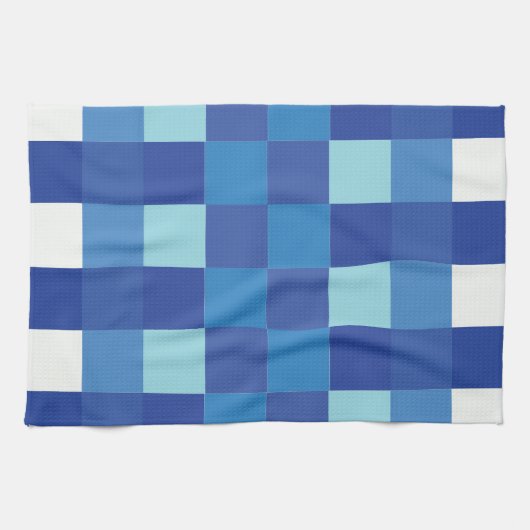 Blue Checkerboard Modern Squares Patroon Theedoek (Horizontaal)