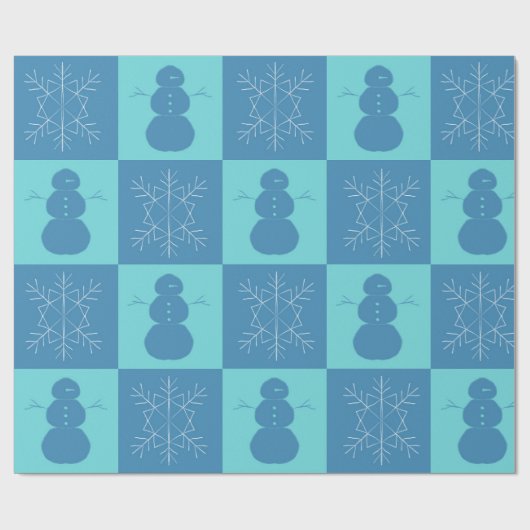 Blue Checkerboard Snowflake en Snowman Cadeaupapier (Vlak)