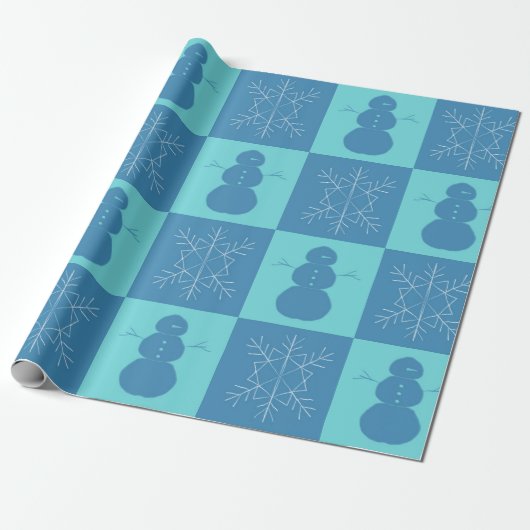 Blue Checkerboard Snowflake en Snowman Cadeaupapier (Uitgerold)