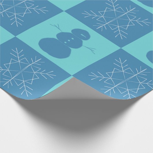 Blue Checkerboard Snowflake en Snowman Cadeaupapier (Hoek)