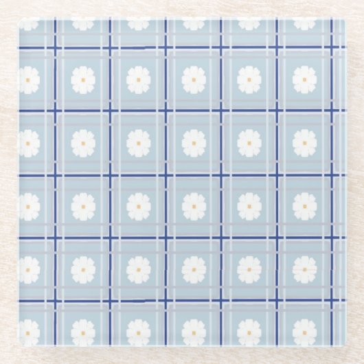 Blue Checkered Daisy pattern Glazen Onderzetter (Voorkant)