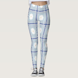 Blue Checkered Daisy pattern Leggings