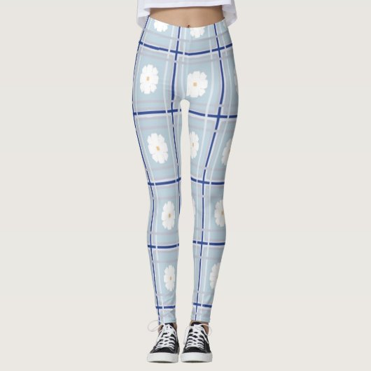 Blue Checkered Daisy pattern Leggings (Voorkant)