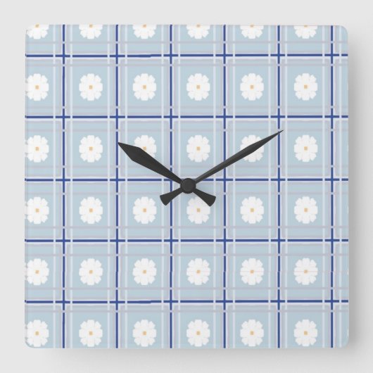 Blue Checkered Daisy pattern Vierkante Klok (Voorkant)