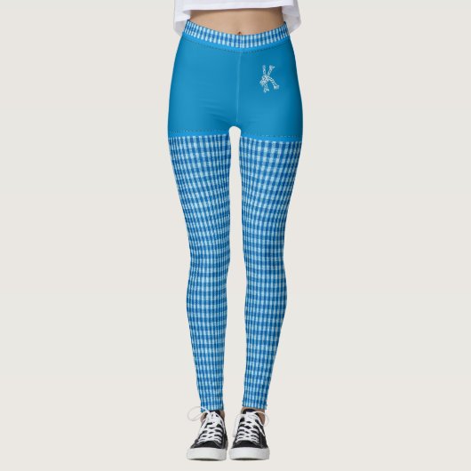 Blue Checkered Fabric Print Monogram op maat Leggings (Voorkant)