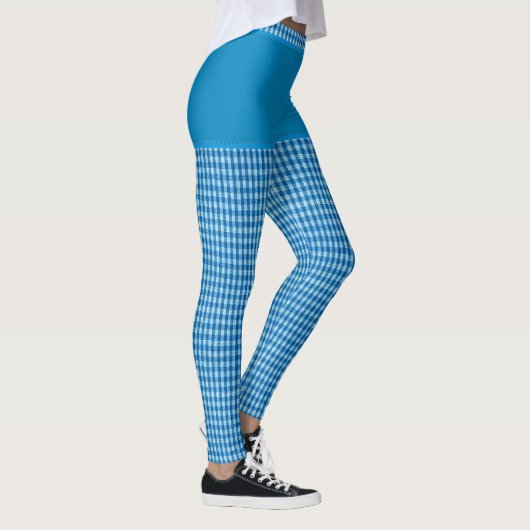 Blue Checkered Fabric Print Monogram op maat Leggings (Rechts)