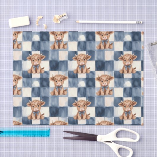 Blue Checkered Highland Cow Cute Gift Wrap Tissuepapier (Craft)