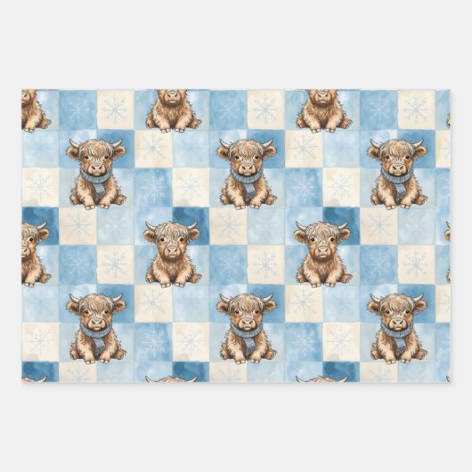 Blue Checkered Highland Cow Cute Inpakpapier Vel (Voorkant 2)