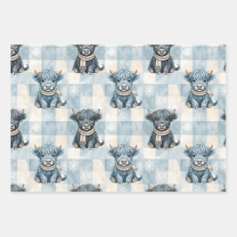 Blue Checkered Highland Cow Cute Inpakpapier Vel