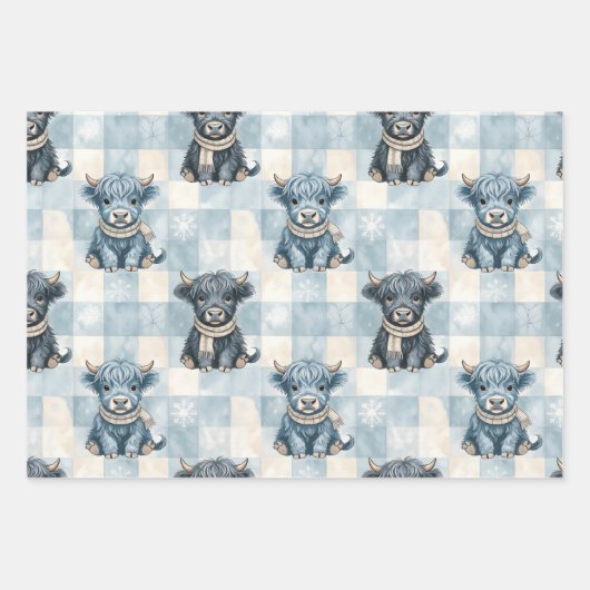 Blue Checkered Highland Cow Cute Inpakpapier Vel (Voorkant)
