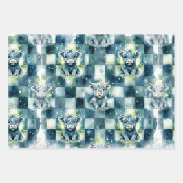 Blue Checkered Highland Cow Snow Winter Inpakpapier Vel