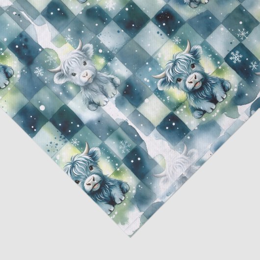 Blue Checkered Highland Cow Snow Winter Tissuepapier (Detail)