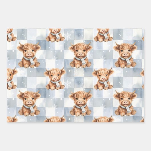 Blue Checkered Highland Cow Snowflake Cool Winter Inpakpapier Vel (Voorkant 3)