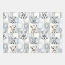 Blue Checkered Highland Cow Snowflake Cool Winter Inpakpapier Vel