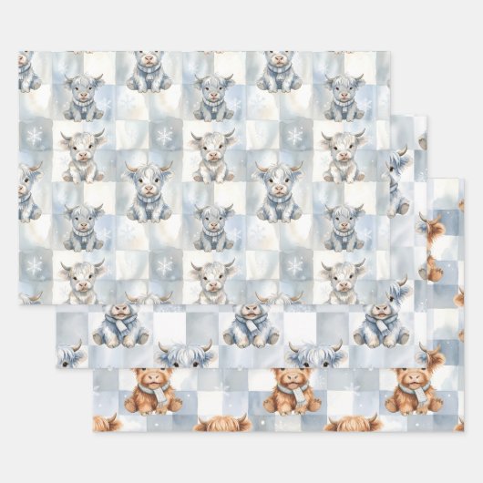 Blue Checkered Highland Cow Snowflake Cool Winter Inpakpapier Vel (Set)