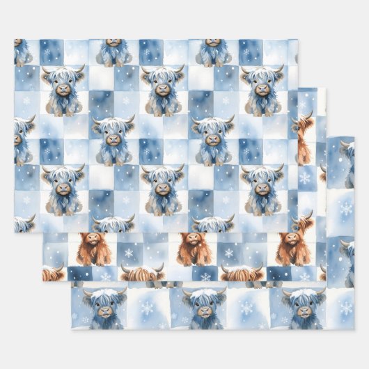 Blue Checkered Highland Cow Snowflake Winter Inpakpapier Vel (Set)